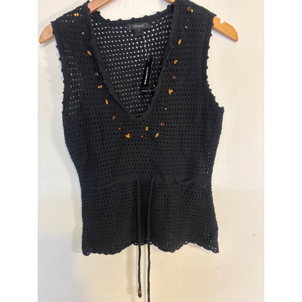 Express Black Crochet Beaded V-Neck Sweater Vest Drawstring Waist NWT Medium